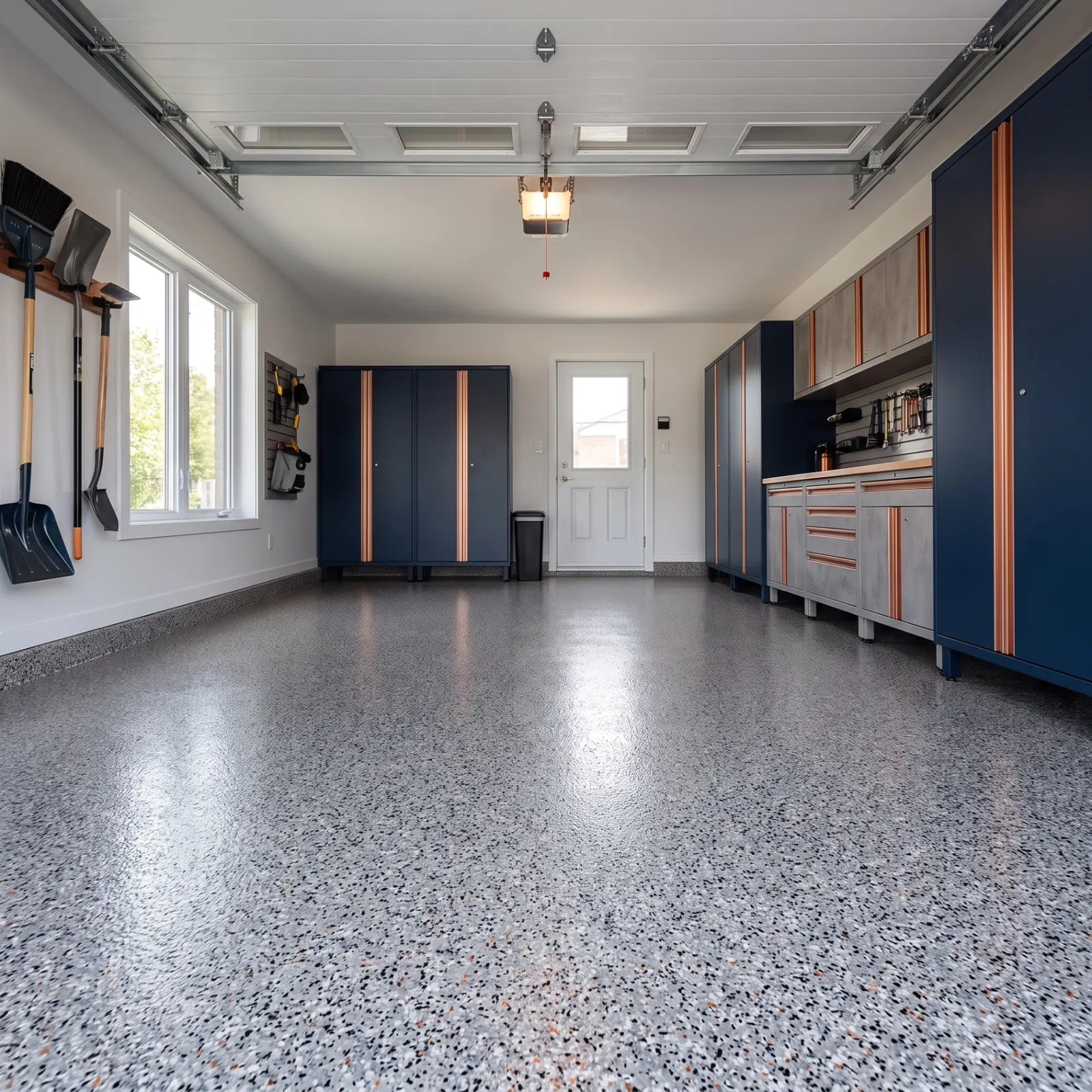 Plancher de garage époxy à flocons gris et cuivre