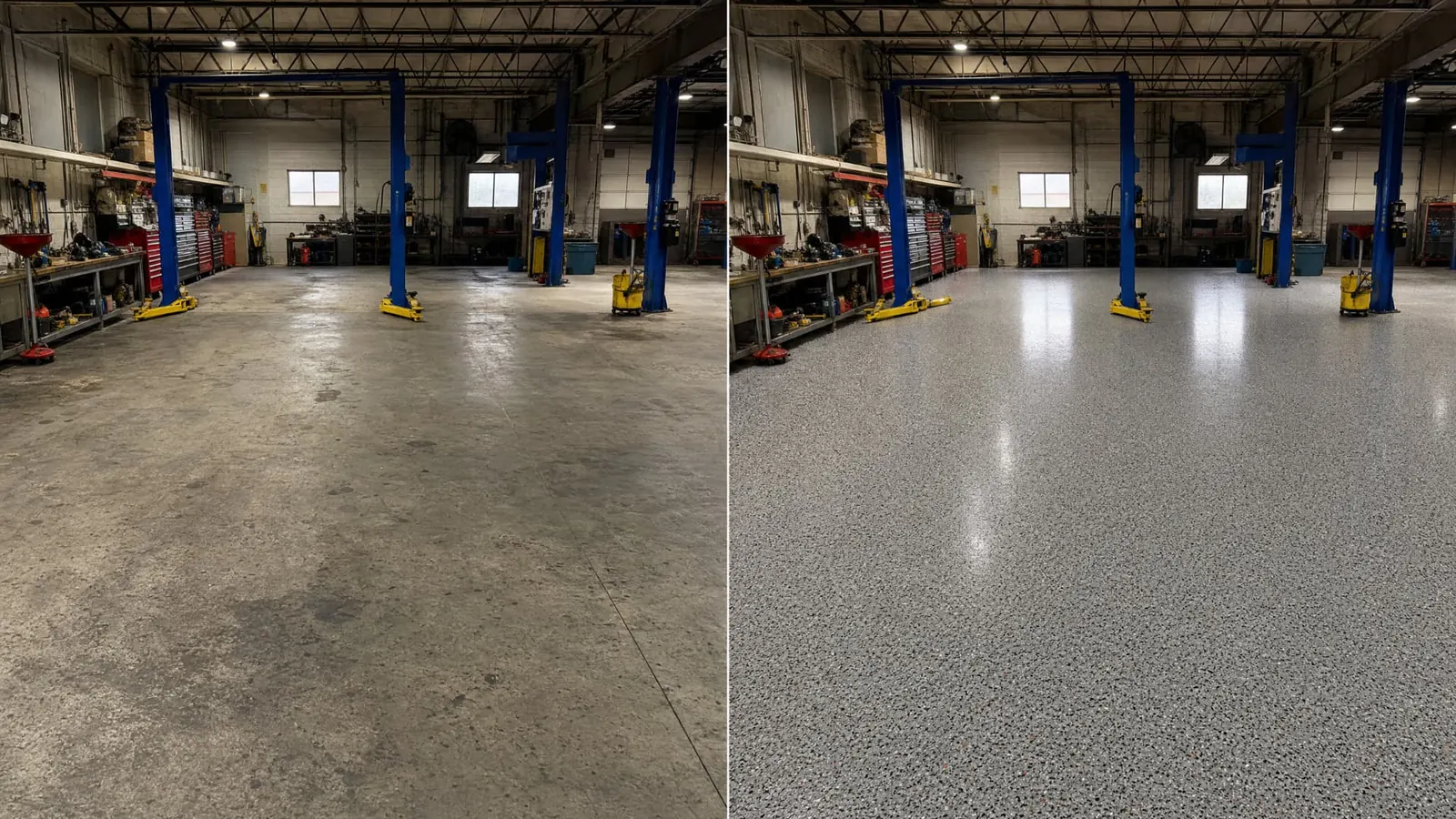 Atelier automobile avant et après un plancher époxy à flocons industriels