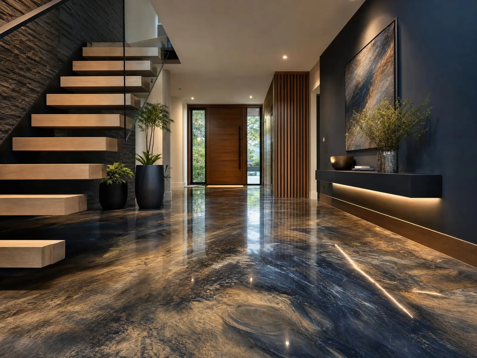 Hall d'entrée avec plancher époxy marbré bronze