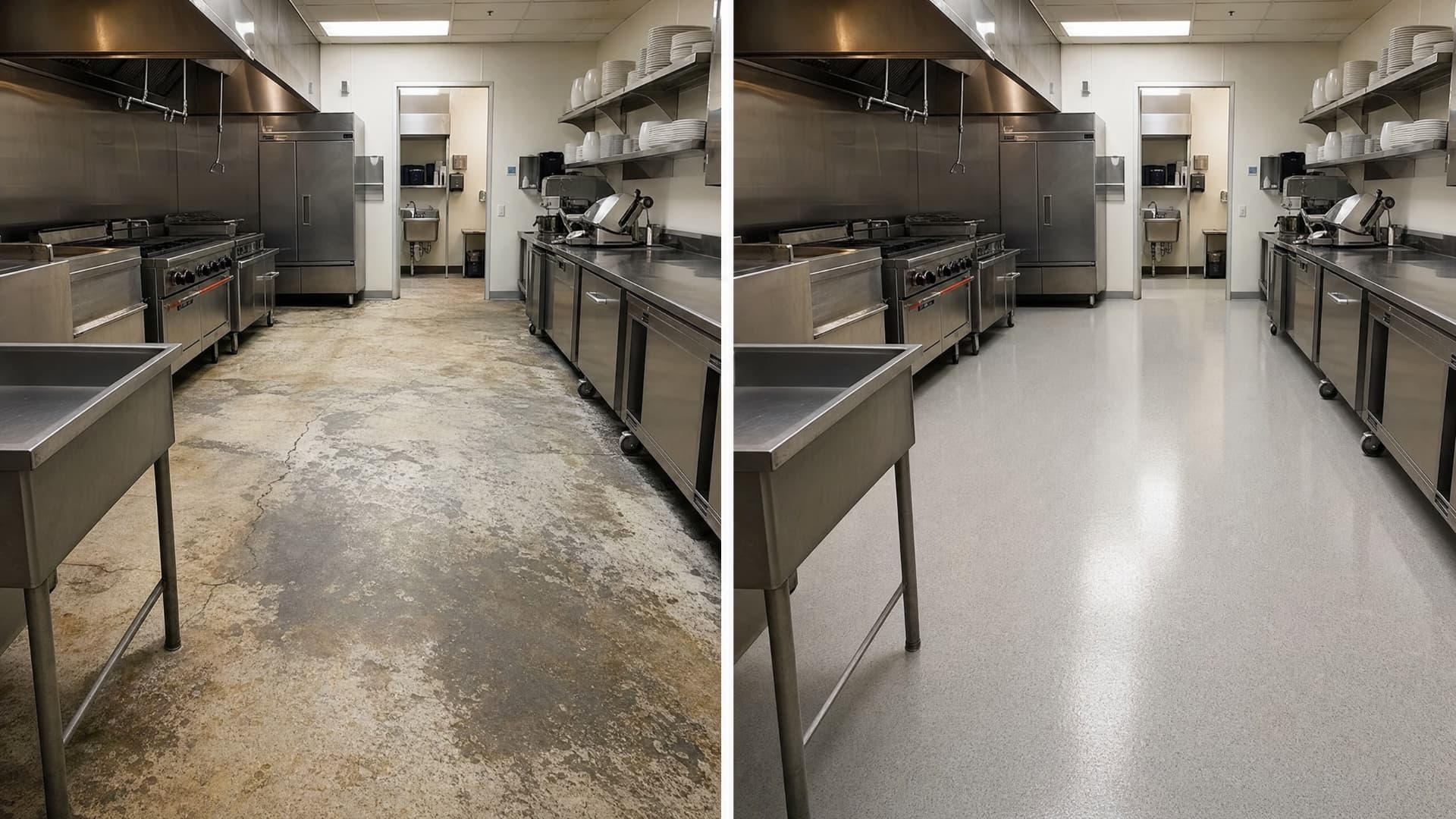 Plancher époxy quartz clair dans une cuisine commerciale