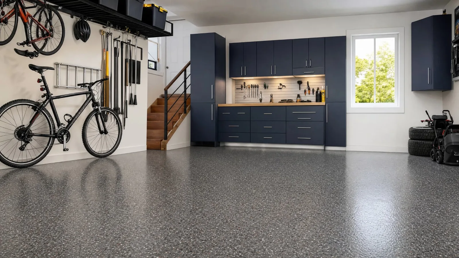 Garage avec plancher époxy à flocons gris pâle au fini satiné et plinthe de résine