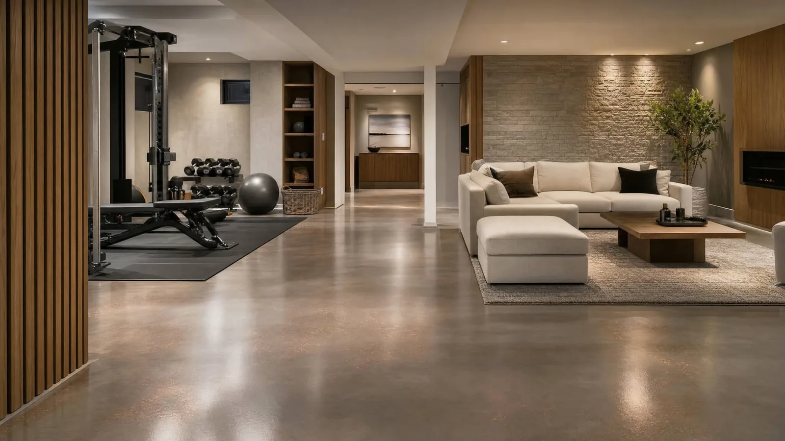 Coin entraînement de sous-sol avec plancher époxy taupe à paillettes cuivrées, fini satiné