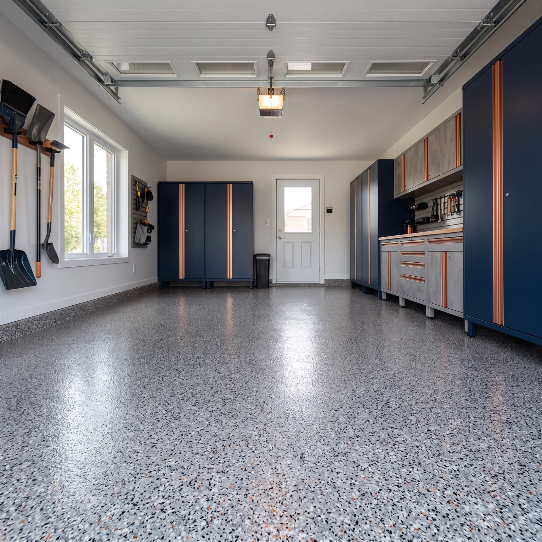 Garage résidentiel organisé avec plancher époxy à flocons gris et accents orange cuivré