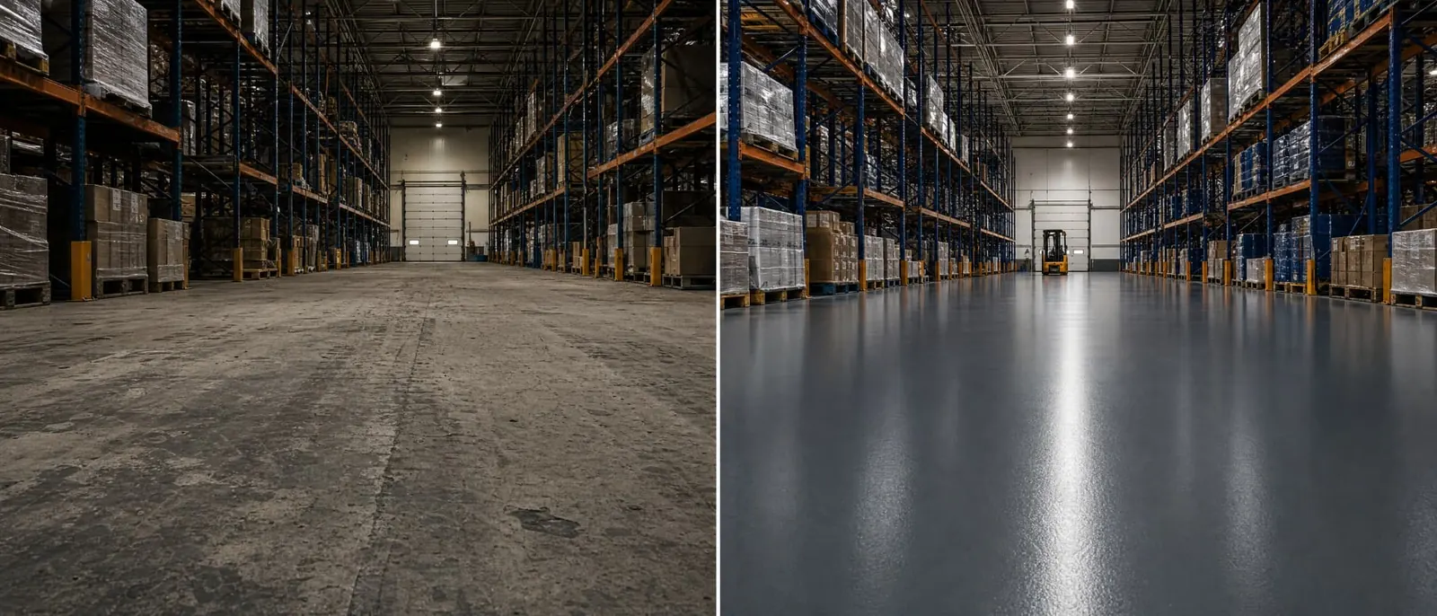 Entrepôt industriel avec plancher époxy autolissant