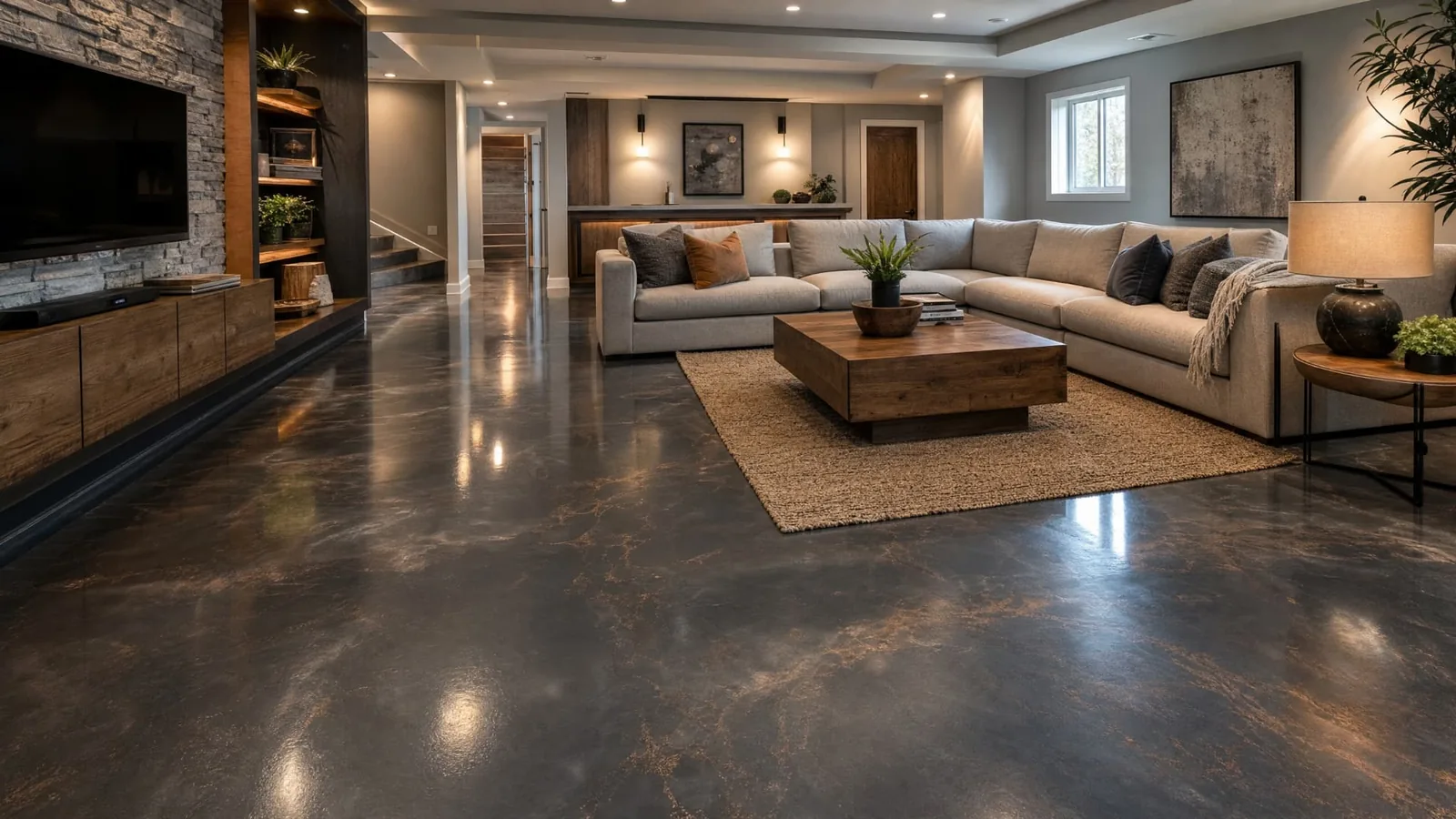 Salle familiale de sous-sol avec plancher époxy métallique anthracite aux marbrures bronze