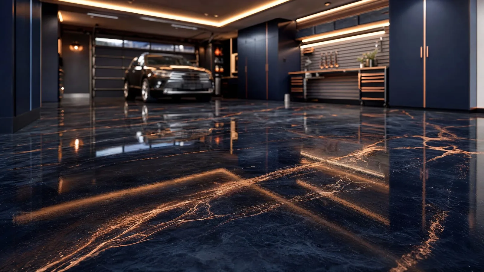 Garage résidentiel double avec plancher époxy métallique bleu marine veiné de cuivre, fini miroir
