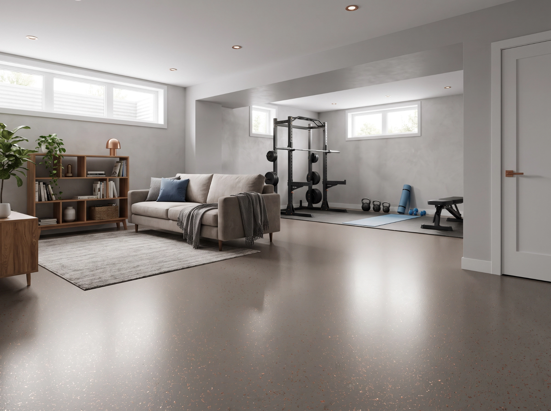 Sous-sol multifonctionnel avec coin sport et salon sur plancher époxy taupe à paillettes cuivrées, fini satiné