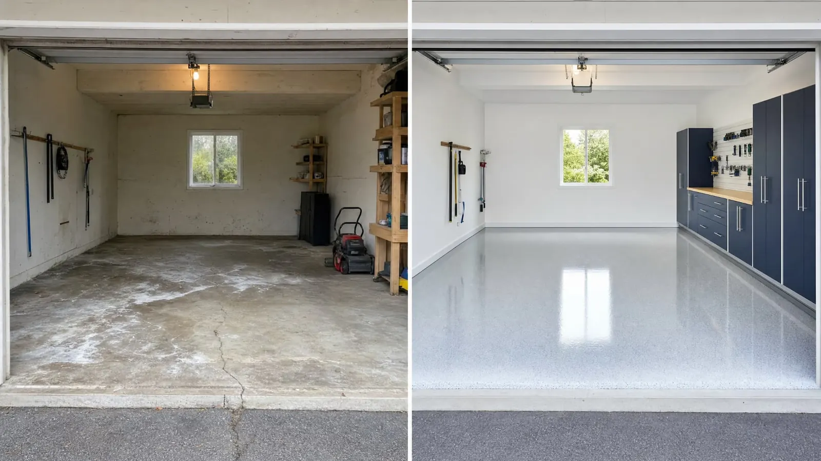 Garage résidentiel avant et après un plancher époxy gris lustré