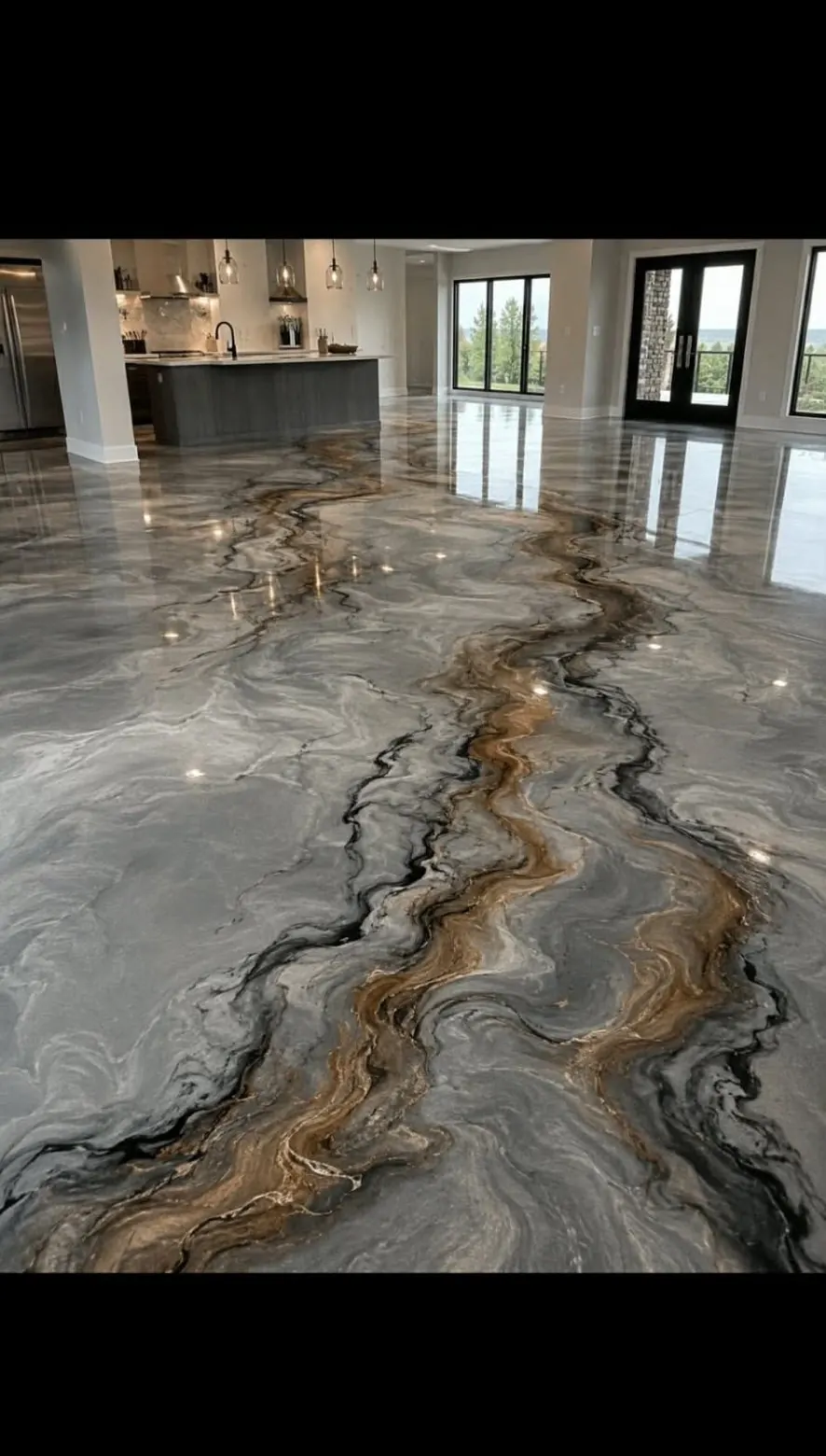 Hall contemporain avec plancher époxy métallique aux tourbillons bronze et reflets miroir