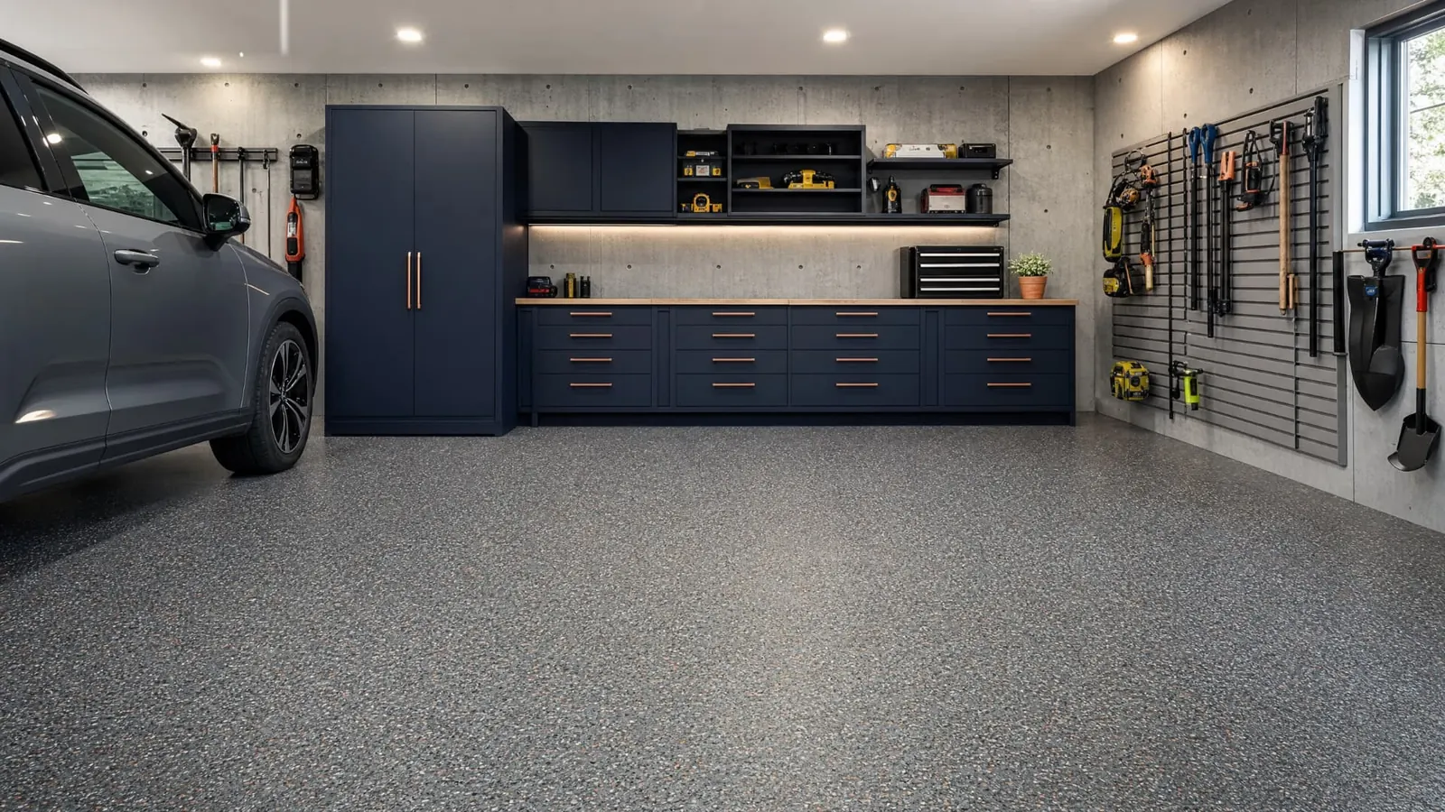 Garage résidentiel avec plancher époxy à flocons gris et cuivre