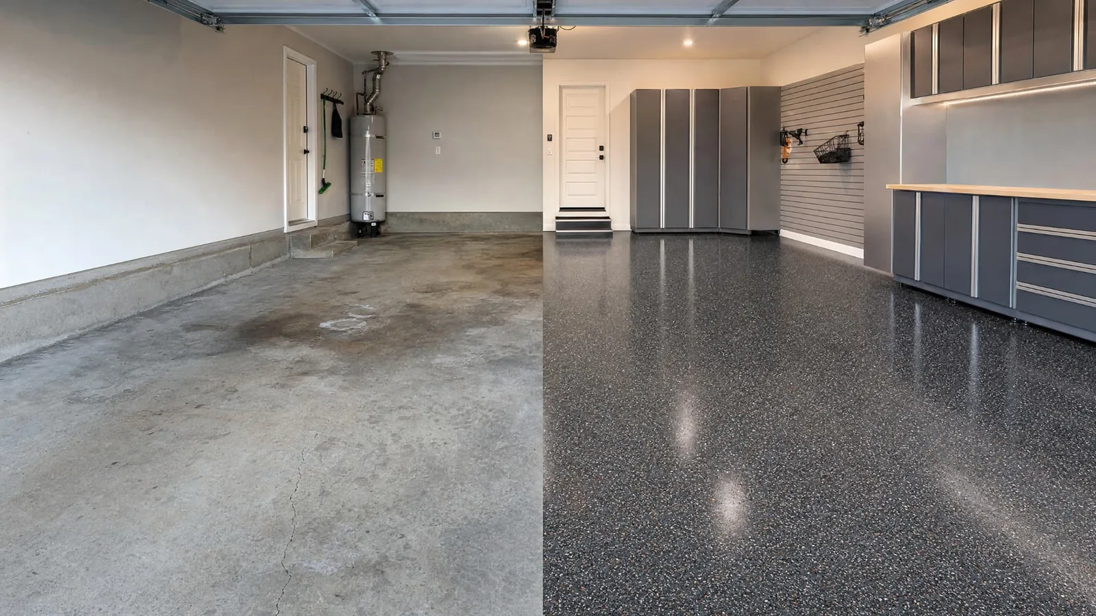 Comparaison d'un garage : à gauche le béton taché et fissuré, à droite le plancher époxy à flocons fini