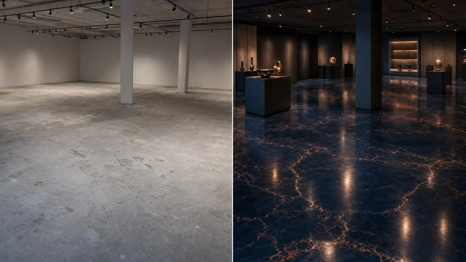 Salle d'exposition avant et après un plancher époxy métallique marine