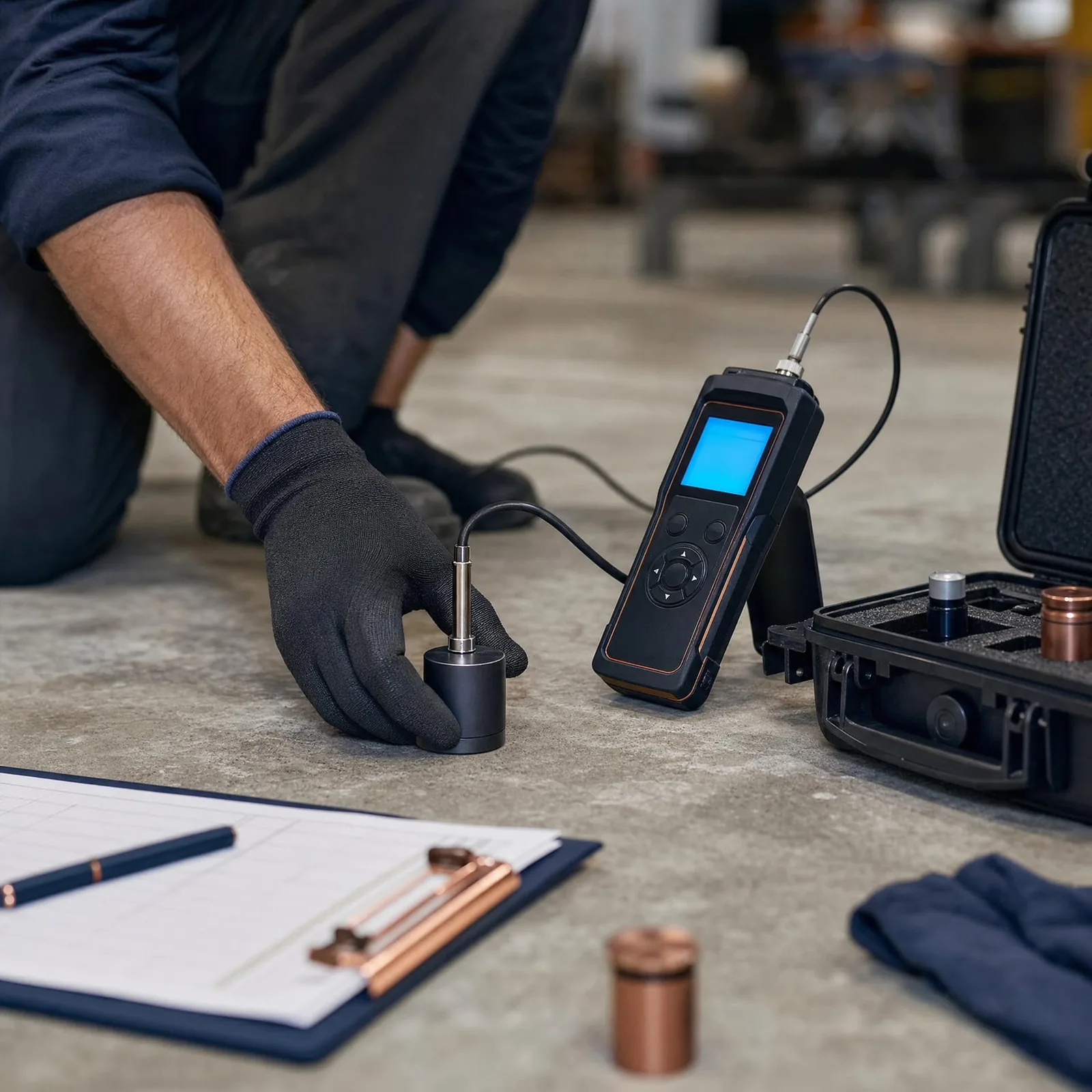 Sonde d'humidité posée sur une dalle de béton nue pour mesurer le taux avant l'époxy