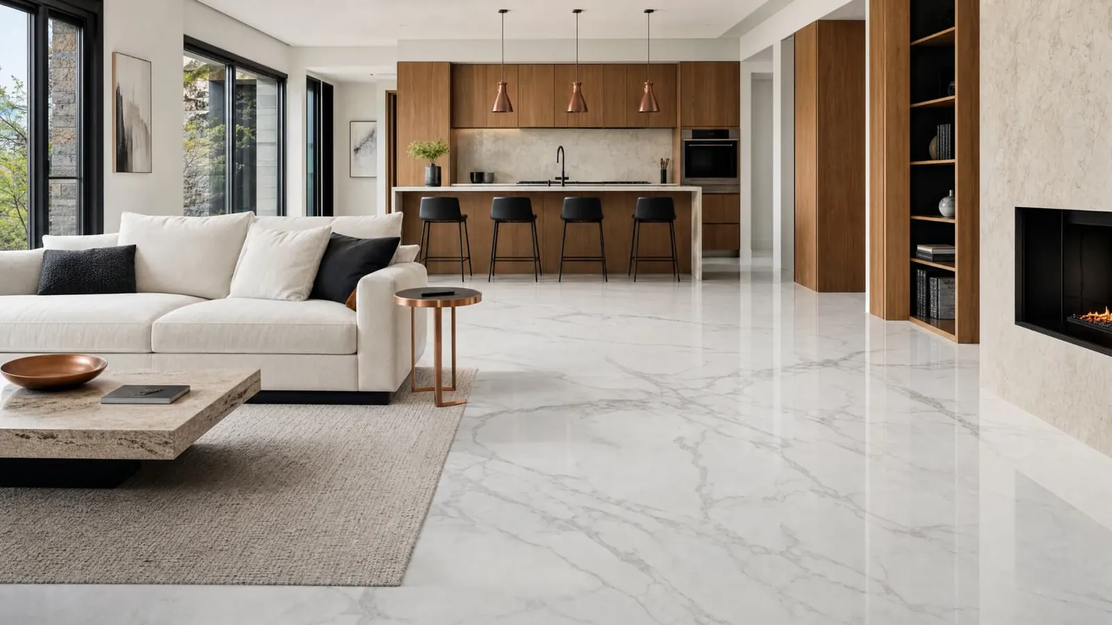 Salon avec plancher époxy blanc effet marbre