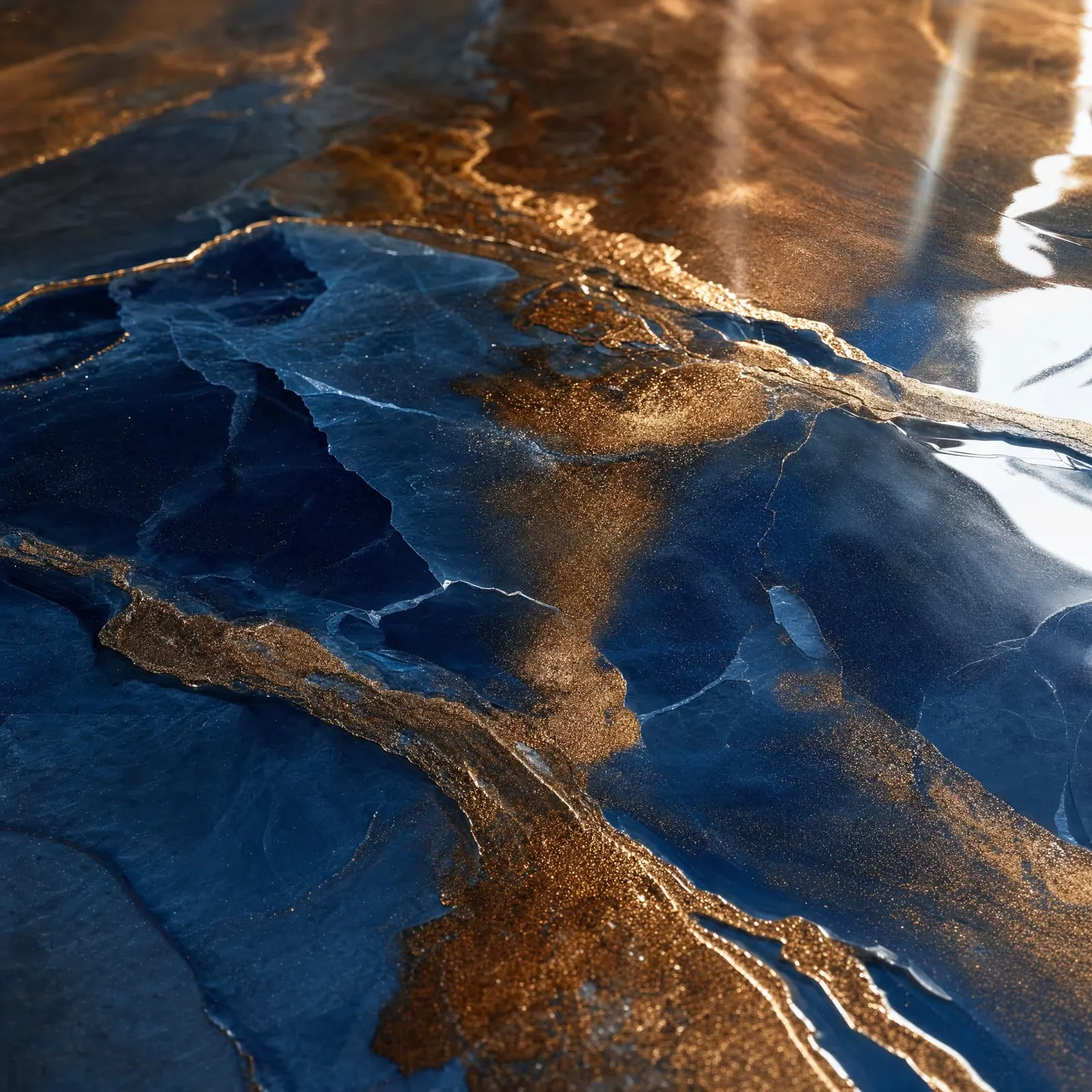 Détail d'un plancher époxy métallique bleu profond veiné de cuivre