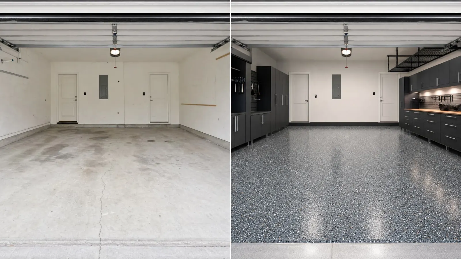 Garage double avant et après un plancher époxy à flocons gris