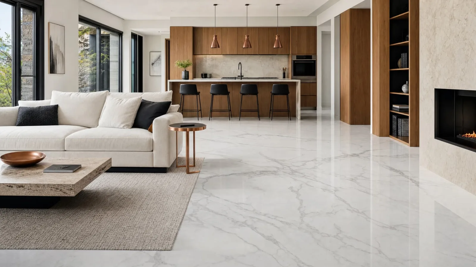 Salon et cuisine ouverts sur un plancher époxy métallique effet marbre blanc veiné de gris