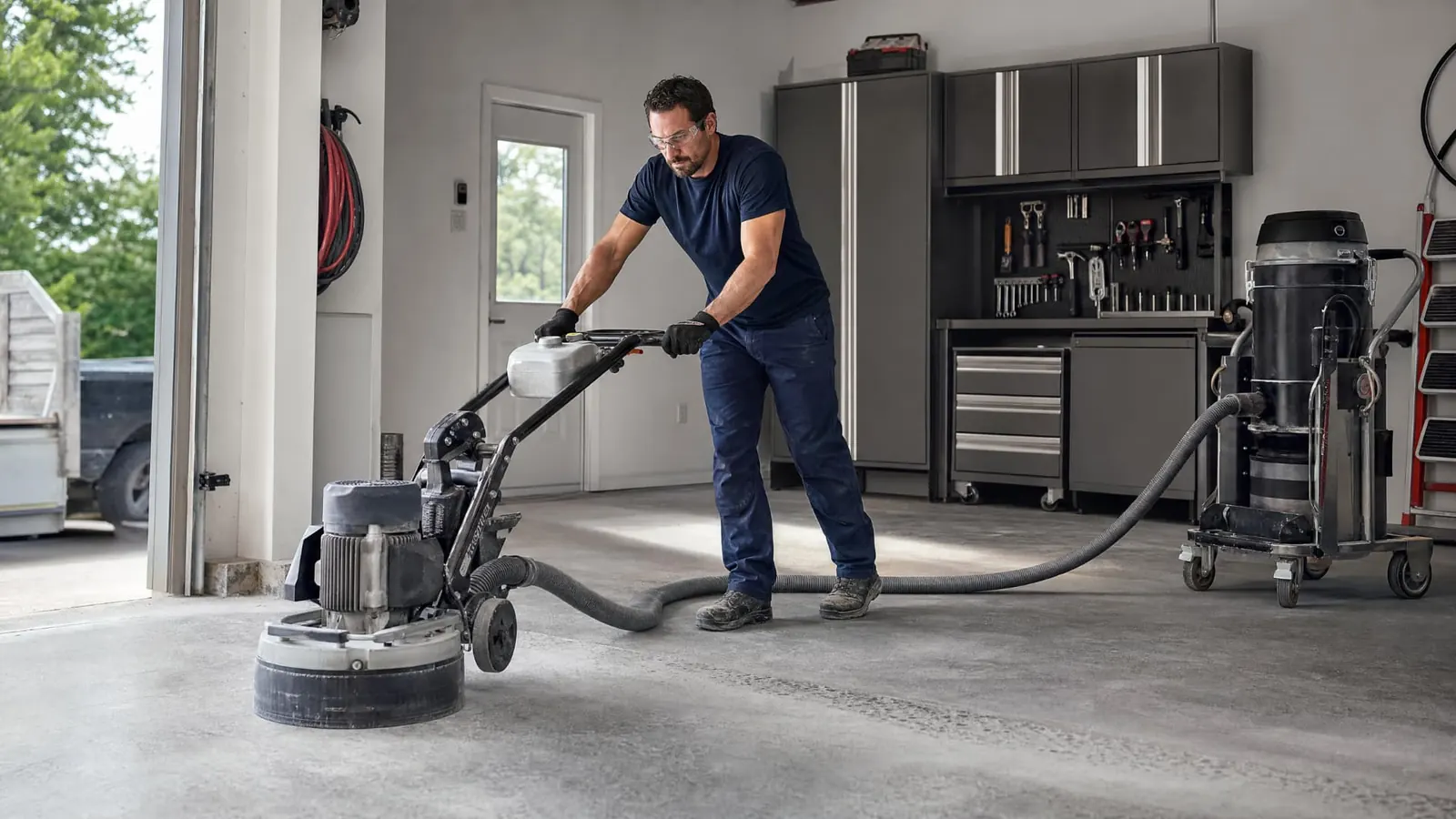 Dalle de béton de garage en préparation, surface granitée après meulage diamanté