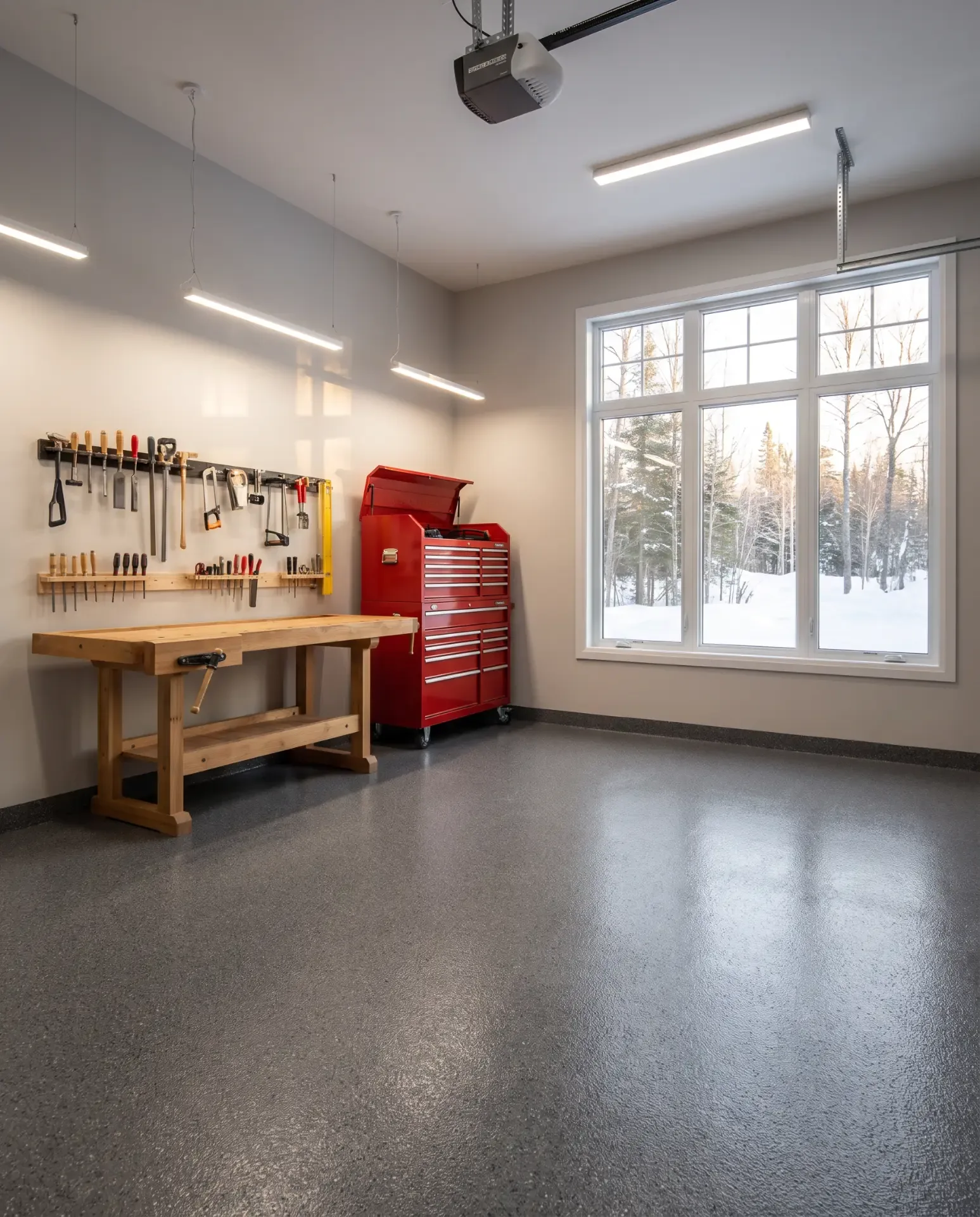Atelier avec plancher époxy à flocons gris, établi de bois et outils au mur